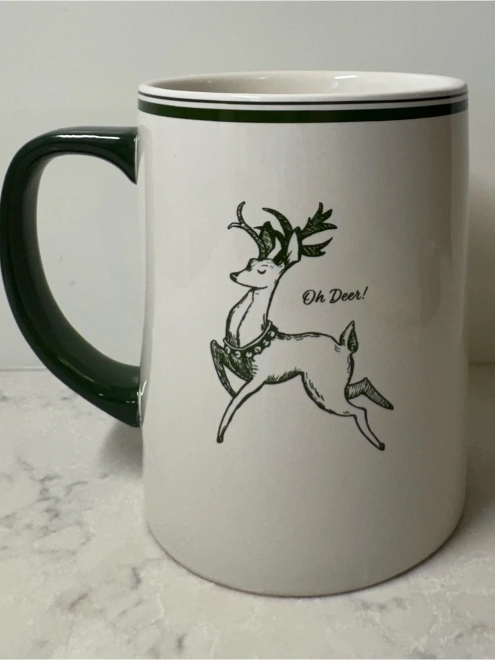 Sur La Table White Ceramic Mug with Dark Green Handle and Trim Christmas